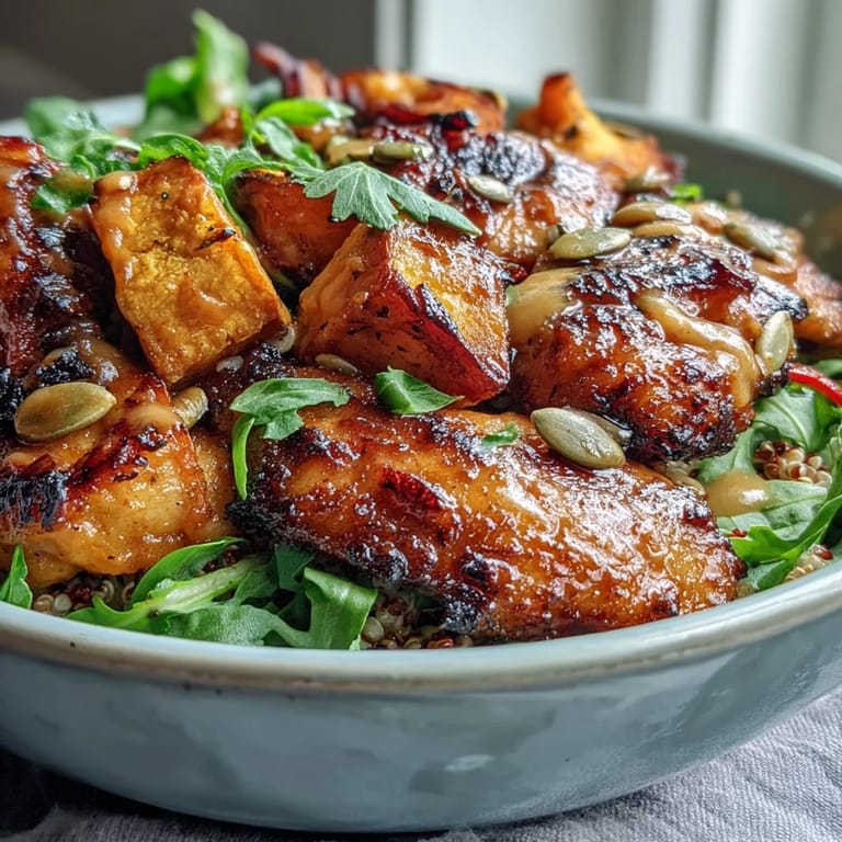 Ready to serve, this Hot Honey Chicken Bowl combines tender chicken, caramelized sweet potatoes, and crisp slaw for a delightful weeknight dinner.