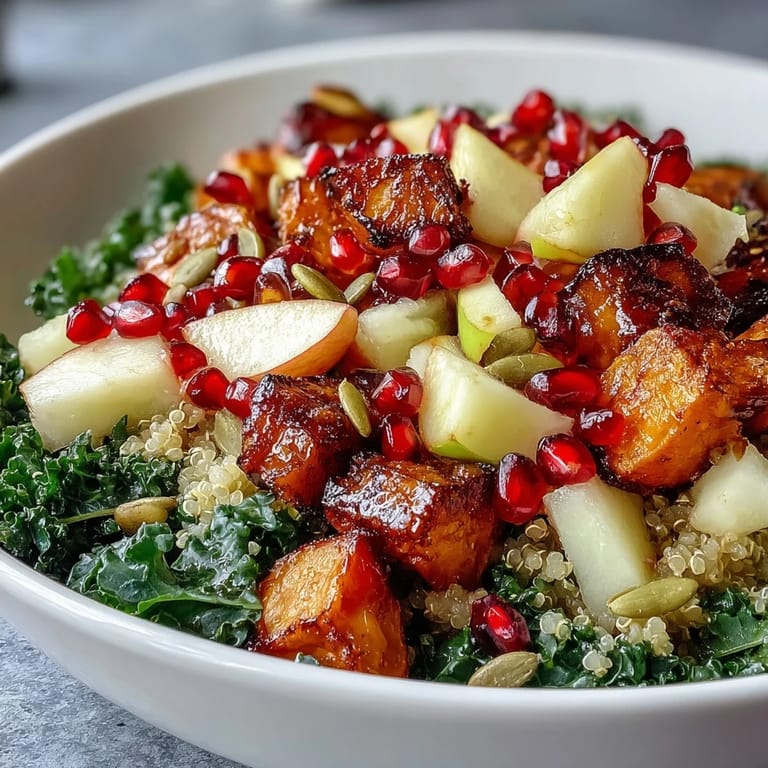 Diced apple and juicy pomegranate add crisp, sweet bursts to this fresh Kale Harvest Grain Bowl recipe.