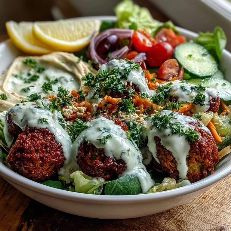 Bright Mediterranean falafel bowl with cherry tomatoes, cucumber, and parsley, garnished with sesame seeds and a fresh lemon wedge.
