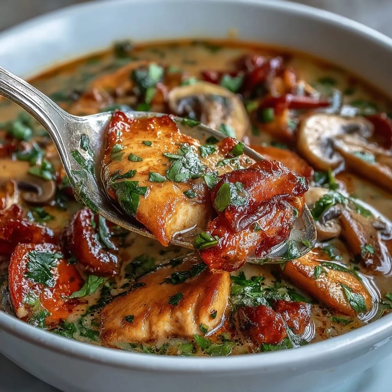 Close-up of Thai Coconut Curry Soup with vibrant vegetables, sliced chicken, and chili garnish in a rustic ceramic bowl.