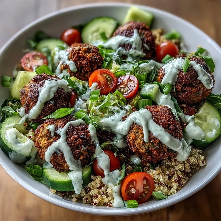 A close-up of the vibrant Falafel Quinoa Salad Bowl reveals crisp baked falafel, diced cucumbers, and halved cherry tomatoes tossed in a luscious garlic tahini dressing.