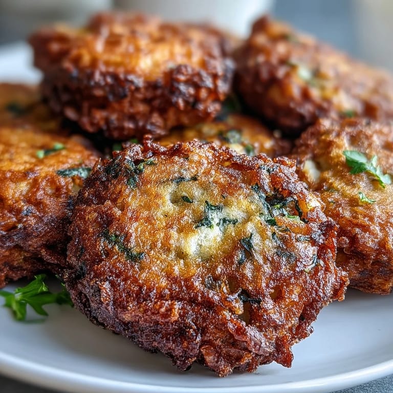 Crispy homemade Black-Eyed Pea Fritters arranged on a white plate with fresh herbs and lemon wedges.