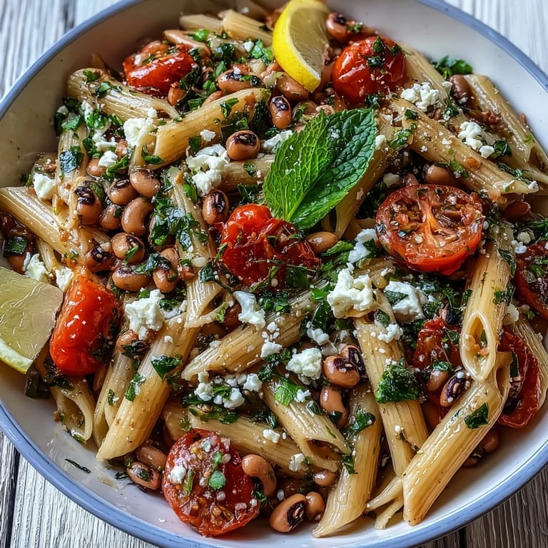Ready to serve Black-Eyed Pea Pasta topped with crumbled feta cheese, fresh basil, and a squeeze of lemon.