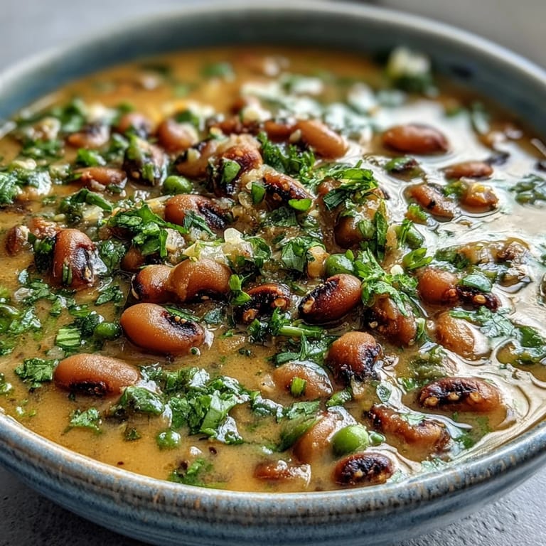 A hearty bowl of Black-Eyed Pea Curry, garnished with cilantro and paired with warm naan bread for a comforting vegan meal.