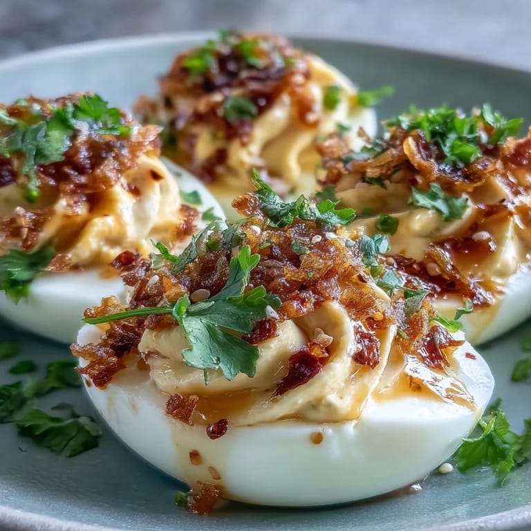Creamy Spicy Chili Garlic Deviled Eggs served with a drizzle of soy-tamari glaze and red pepper flakes.