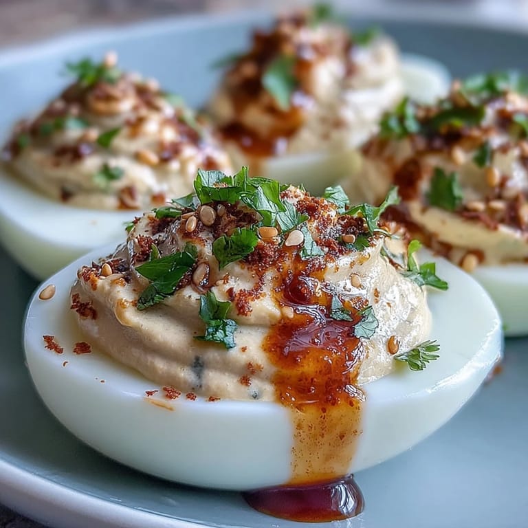 Golden Spicy Chili Garlic Deviled Eggs garnished with scallions, perfect for party appetizers or game day snacks.