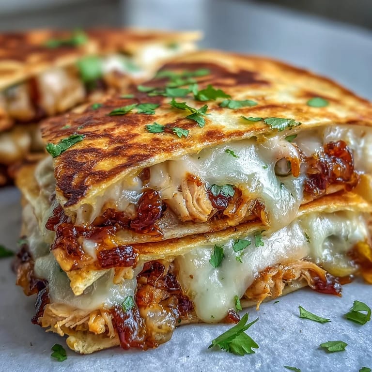A skillet of Hot Honey BBQ Chicken Quesadillas showing shredded chicken, sautéed bell peppers, and fresh cilantro.