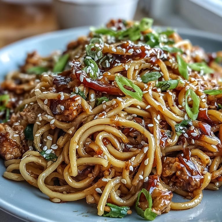 A steaming bowl of Korean Turkey Fried Noodles garnished with toasted sesame seeds, served on a rustic table ready to enjoy.