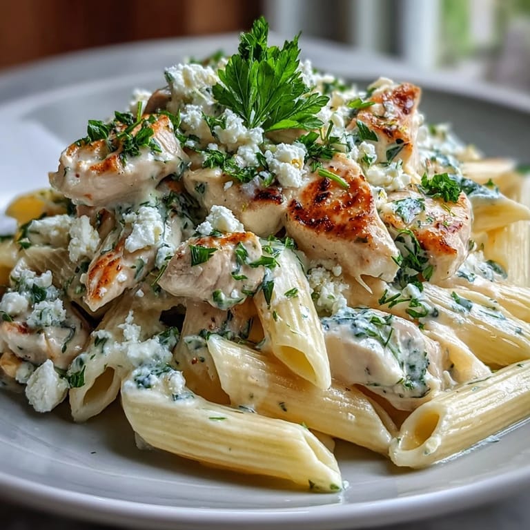 Creamy Lemon Feta Chicken Pasta on a skillet, steam rising from golden chicken and melted cheese, lemon zest glistening on top for a zesty aroma.