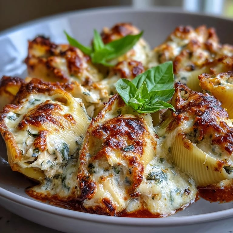 A close-up view reveals bubbling mozzarella and Parmesan topping on hearty Pesto Lasagna Stuffed Shells served alongside fresh basil leaves.