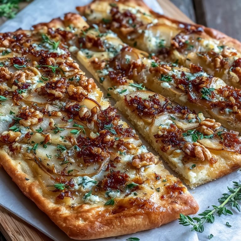 Warm Goat Cheese & Pear Flatbread with Hot Honey is garnished with fresh thyme and served on a wooden board, perfect for sharing.