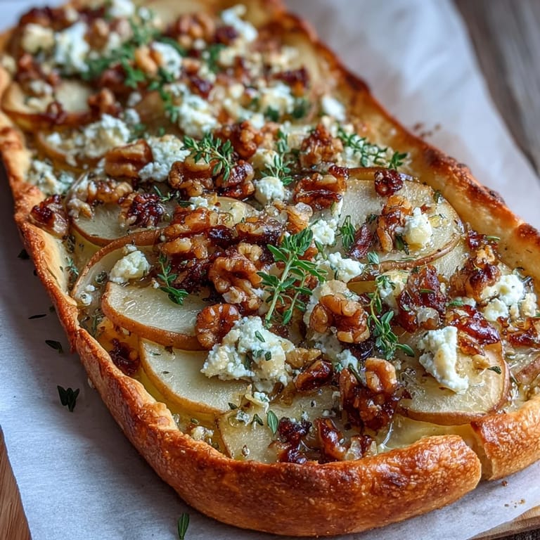 Slices of Goat Cheese & Pear Flatbread with Hot Honey show melted cheese, sweet pear, and red onion, ready to be enjoyed as an appetizer.