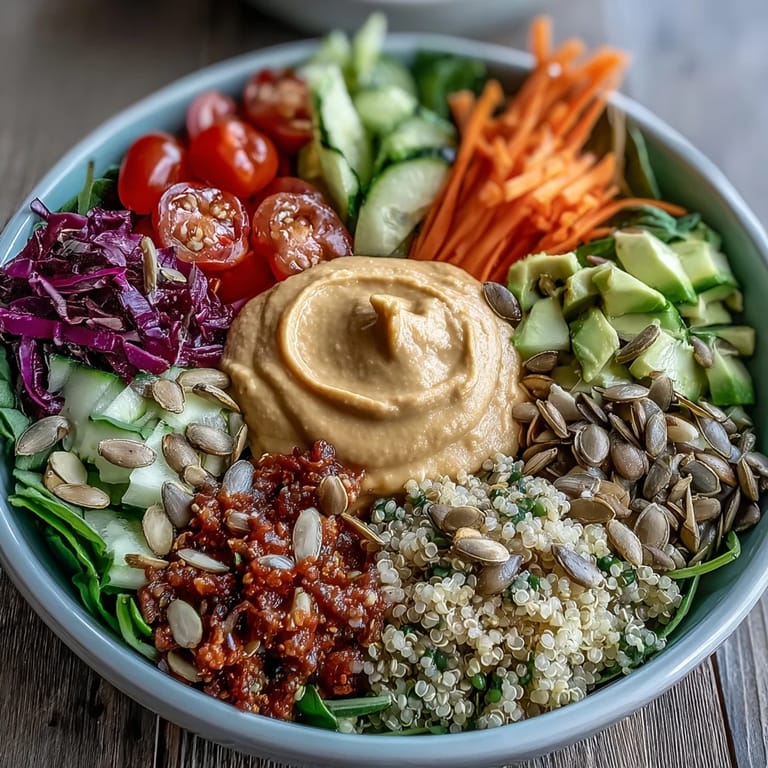 A generous dollop of homemade hummus crowns nutritious gluten-free grains and crunchy purple cabbage.