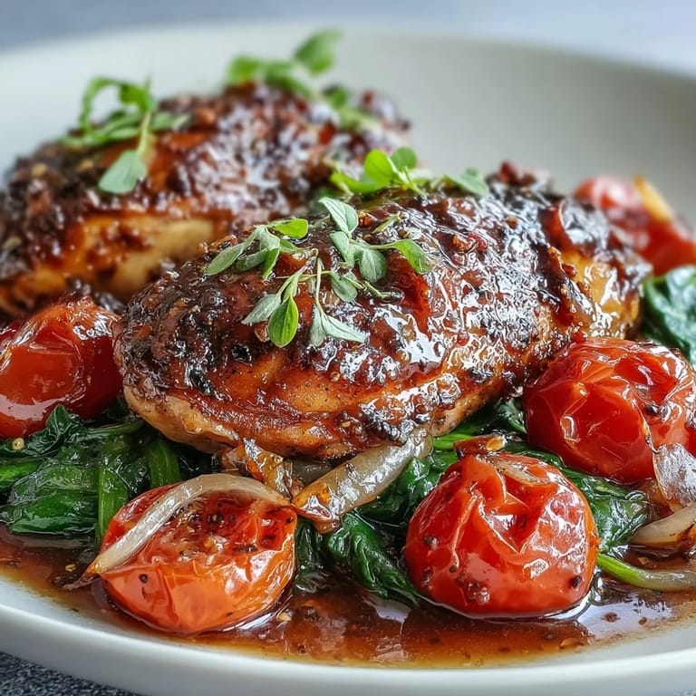 Tender chicken breasts simmered in tangy balsamic glaze with sweet cherry tomatoes and spinach.