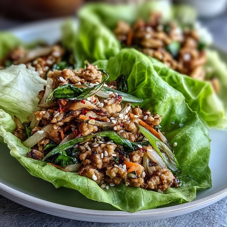 Healthy Asian-inspired lettuce wraps packed with turkey potsticker filling, mushrooms, and scallions for a fresh, low-carb meal.