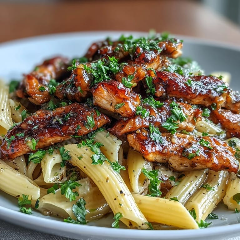 Family dinner plate of honey pepper chicken pasta topped with fresh parsley and Parmesan, served with a side salad.  