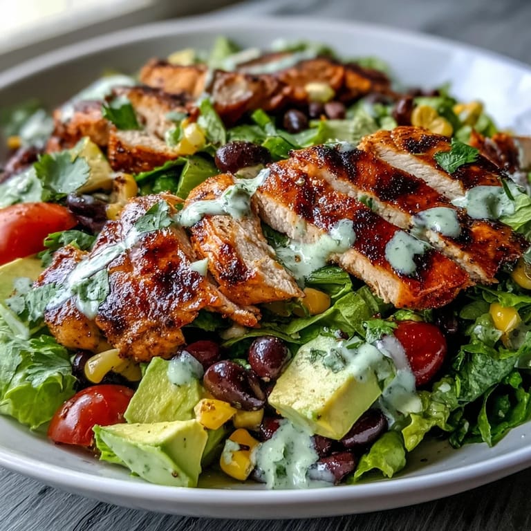 Vibrant High Protein Southwest Chicken Salad topped with sliced grilled chicken, avocado, and fresh vegetables on a rustic wooden table.  