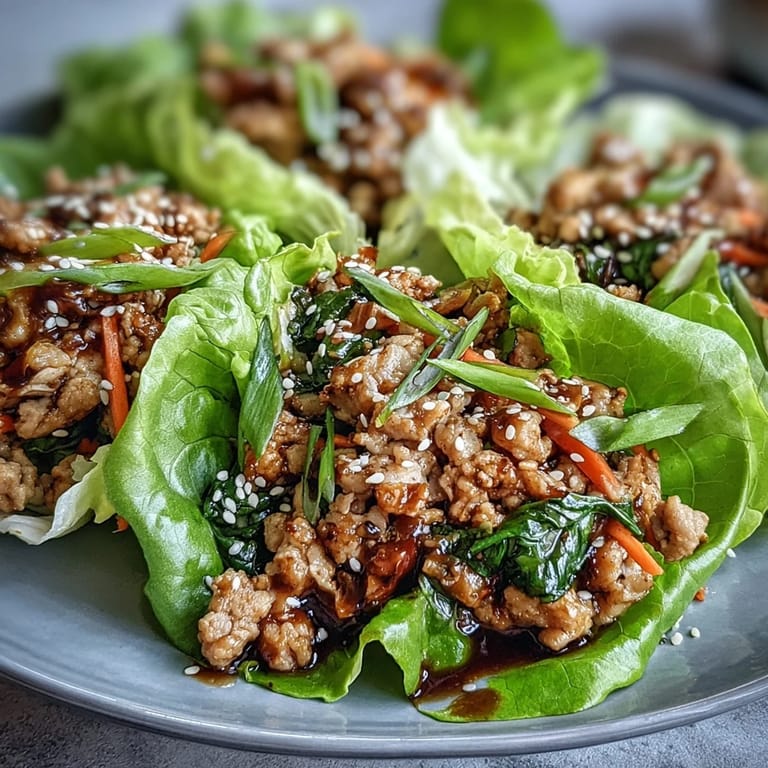 Asian-inspired lettuce wraps loaded with tender turkey, fresh veggies, and zesty soy sauce, topped with scallions and sesame seeds.