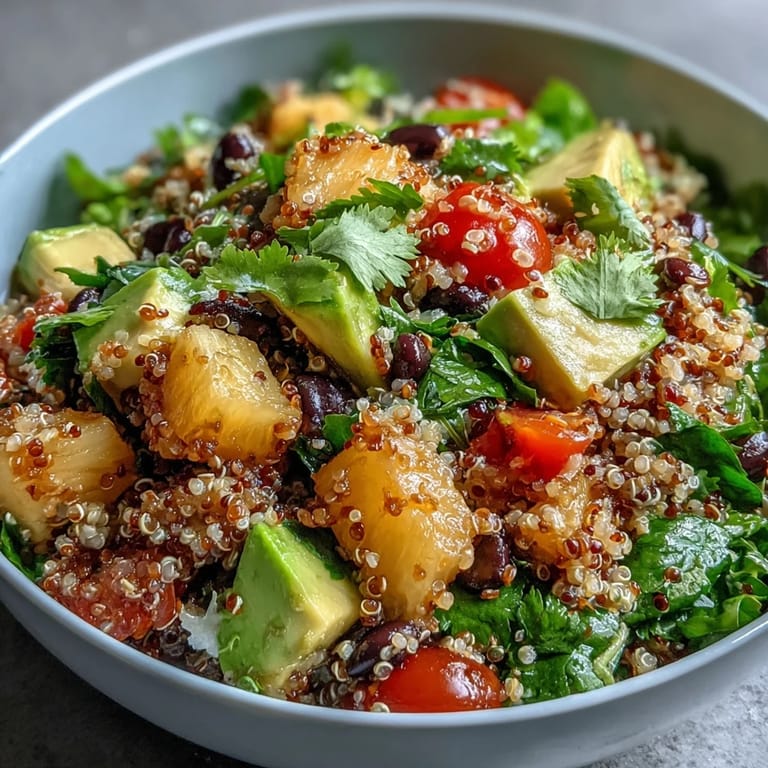 Colorful tropical quinoa salad with sweet pineapple, hearty black beans, crisp bell peppers, and creamy avocado, served in a white bowl.