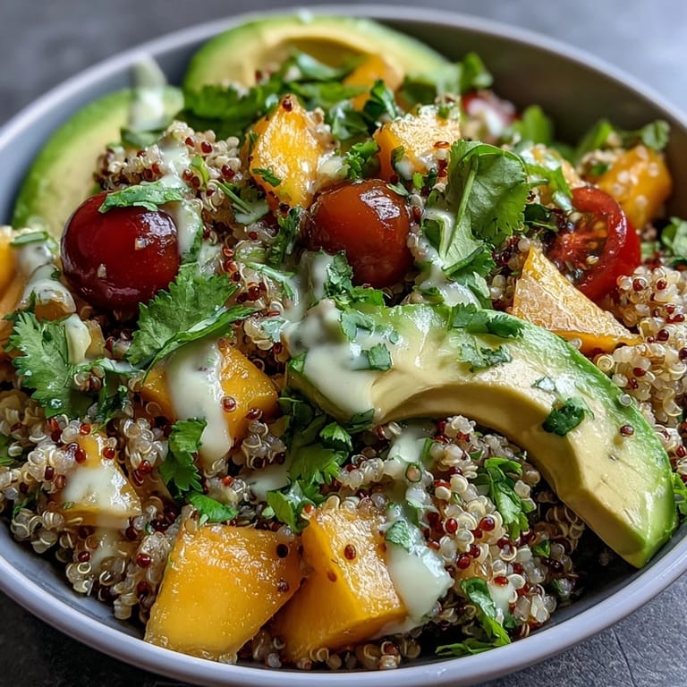 Healthy and delicious tropical quinoa salad featuring sweet mango, buttery avocado, and bright lime dressing, perfect for a light lunch.