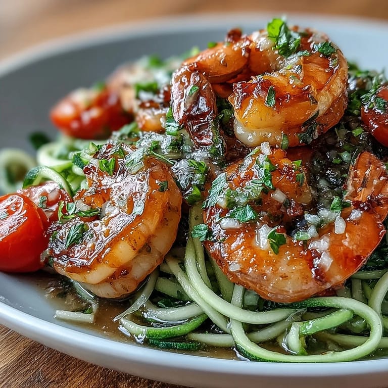 Light and flavorful Skinny Shrimp Scampi served over tender zucchini noodles, garnished with Parmesan and a sprinkle of red pepper flakes.