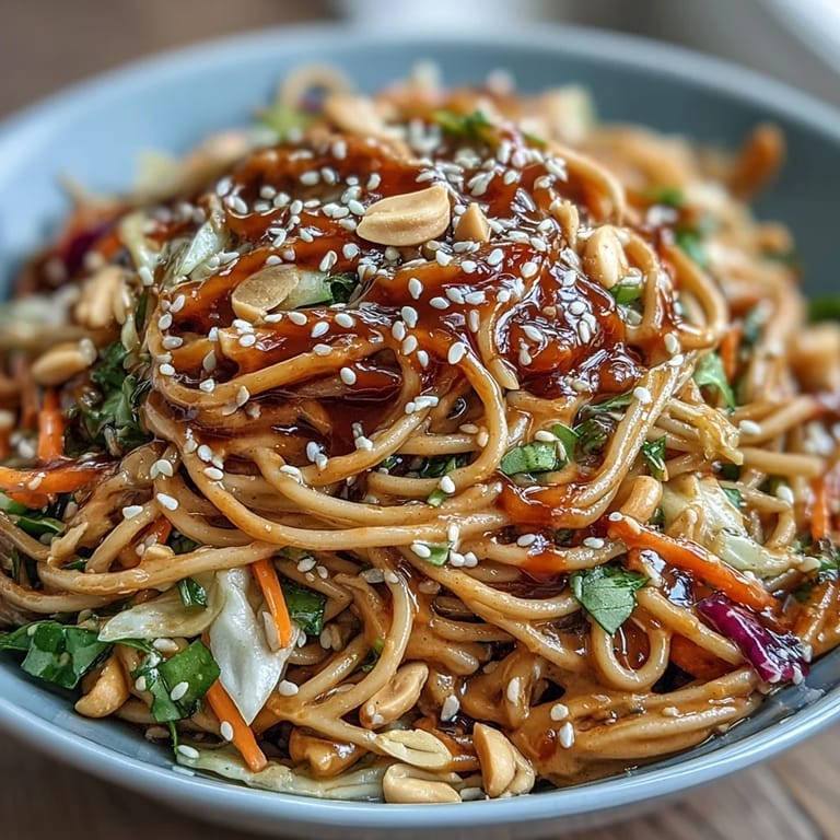 Flavorful vegan soba noodles tossed with crunchy slaw and spicy peanut sauce, topped with sesame seeds for added texture.