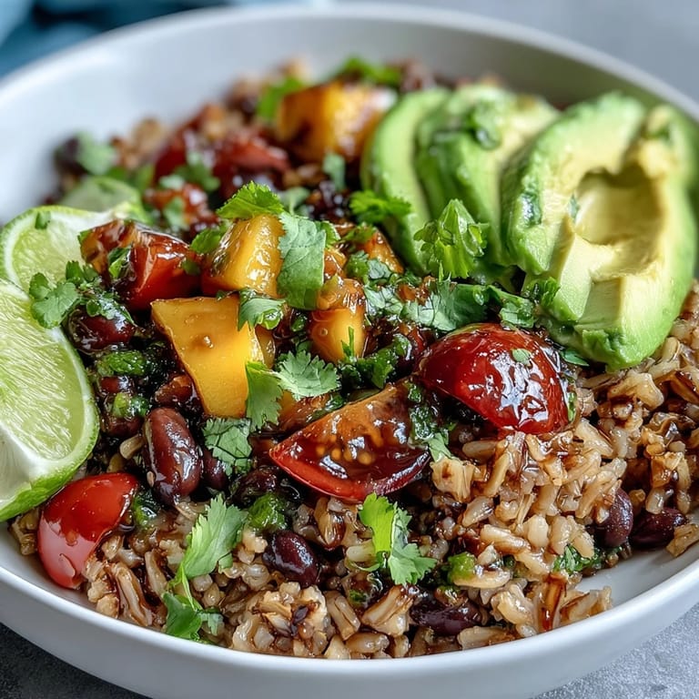 Wholesome vegetarian bowls featuring nutty brown rice, juicy mango, black beans, and colorful veggies, drizzled with a tangy lime-cumin dressing.  