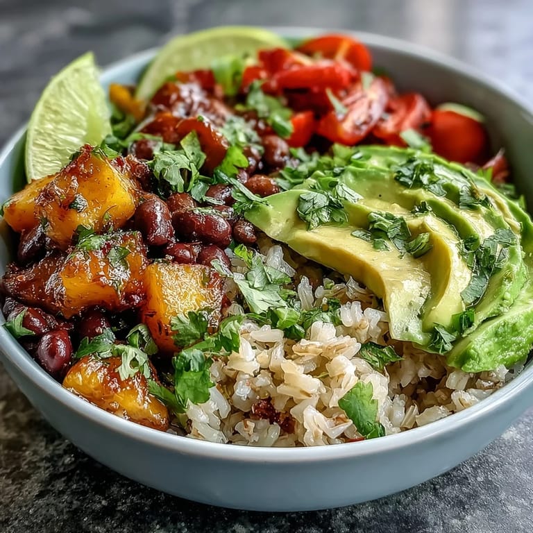 Tropical-inspired brown rice bowls loaded with mango, black beans, corn, and crisp vegetables, topped with a bright citrus dressing.