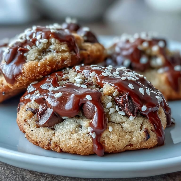 Soft, chewy tahini cookies loaded with dark chocolate chips, offering a unique flavor twist on a classic treat.