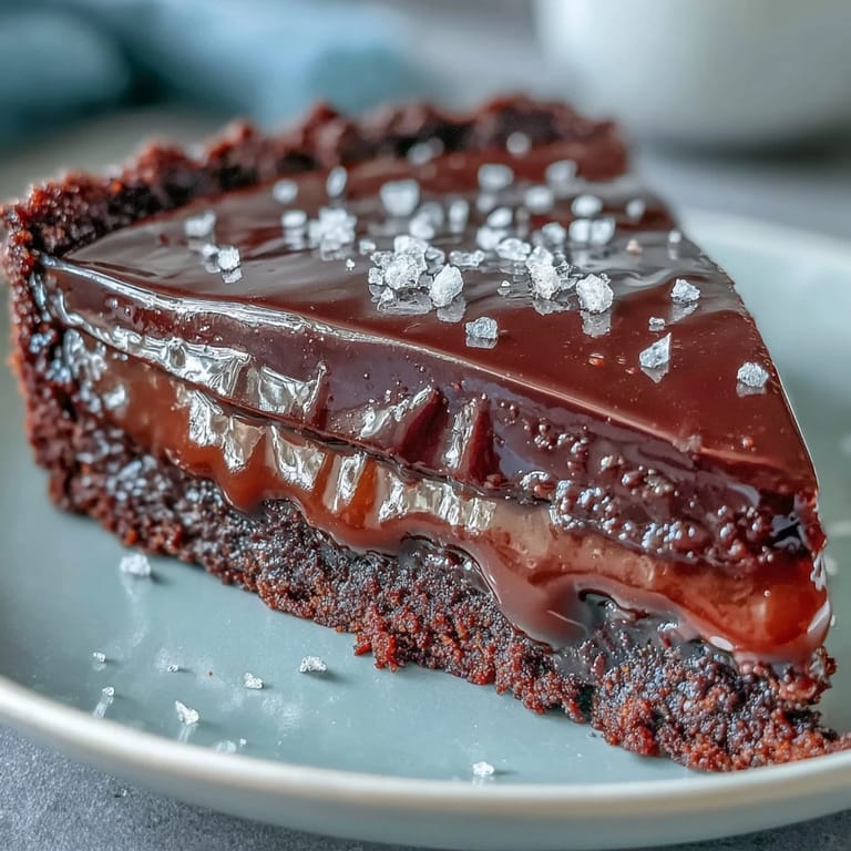 Irresistible salted caramel chocolate tart featuring glossy ganache, caramel drizzle, and a sprinkle of sea salt.