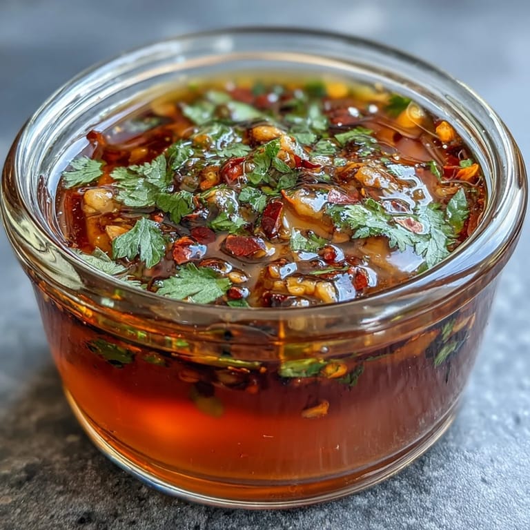 Fragrant garlic chili oil sauce in a small bowl, drizzled over steamed dumplings for a spicy appetizer.  