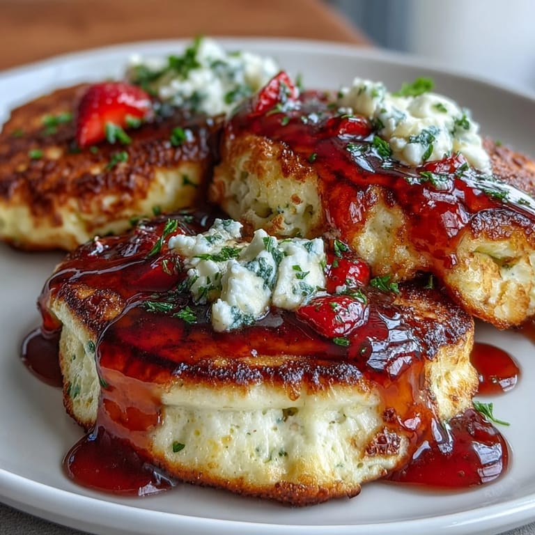Golden-brown cottage cheese pancakes drizzled with sweet, homemade strawberry syrup for a delightful morning treat.  