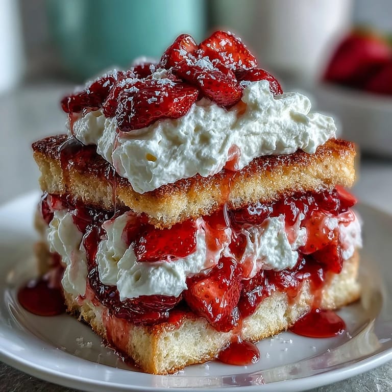 Heart-shaped strawberry shortcake dessert topped with juicy macerated strawberries and sweet vanilla whipped cream.