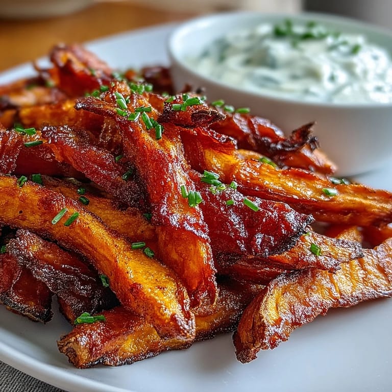 Crispy air fryer sweet potato fries seasoned with paprika, alongside a bowl of rich, flavorful onion dip.