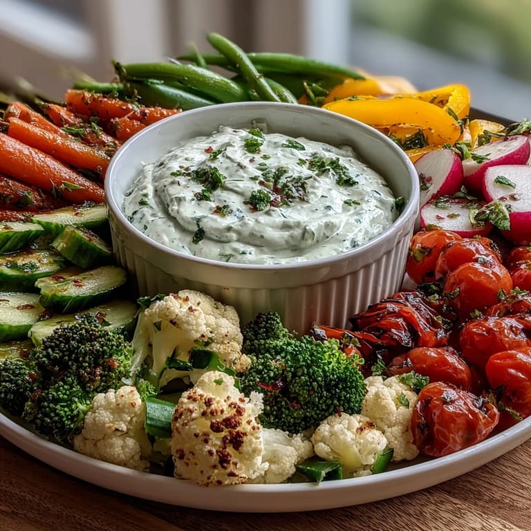 Healthy Little Sprout Veggie Platter with Green Goddess Dip: fresh broccoli, carrots, and cucumbers arranged around a bowl of creamy, herby dip for dipping fun.