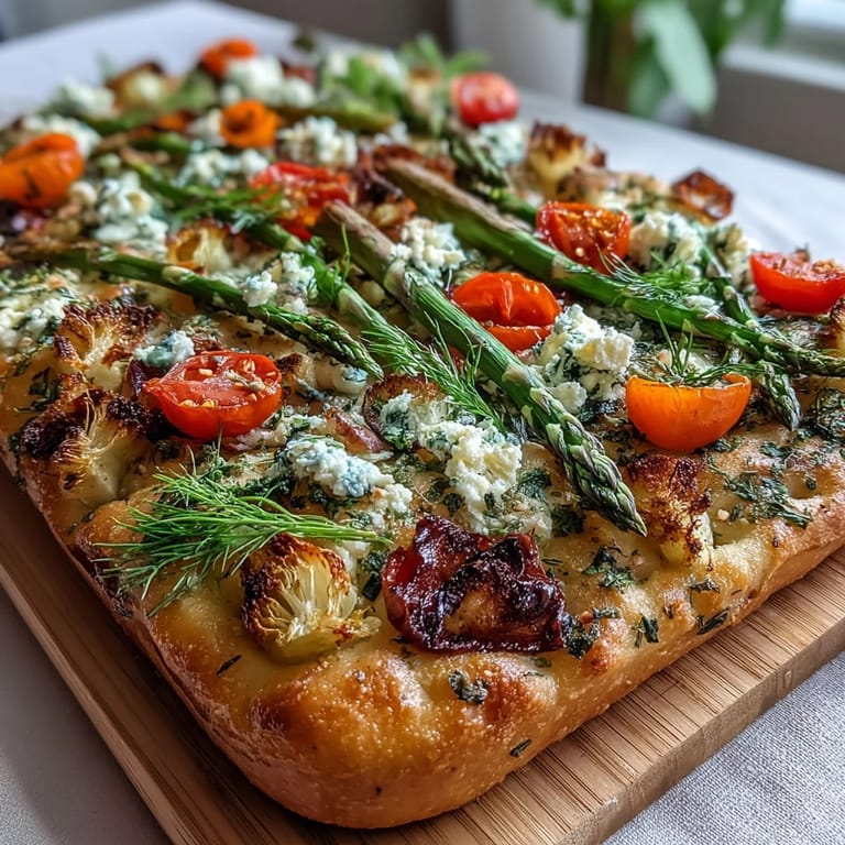 Savory herb focaccia featuring edible flower art made from cherry tomatoes, carrot ribbons, and asparagus spears, ideal for festive occasions.