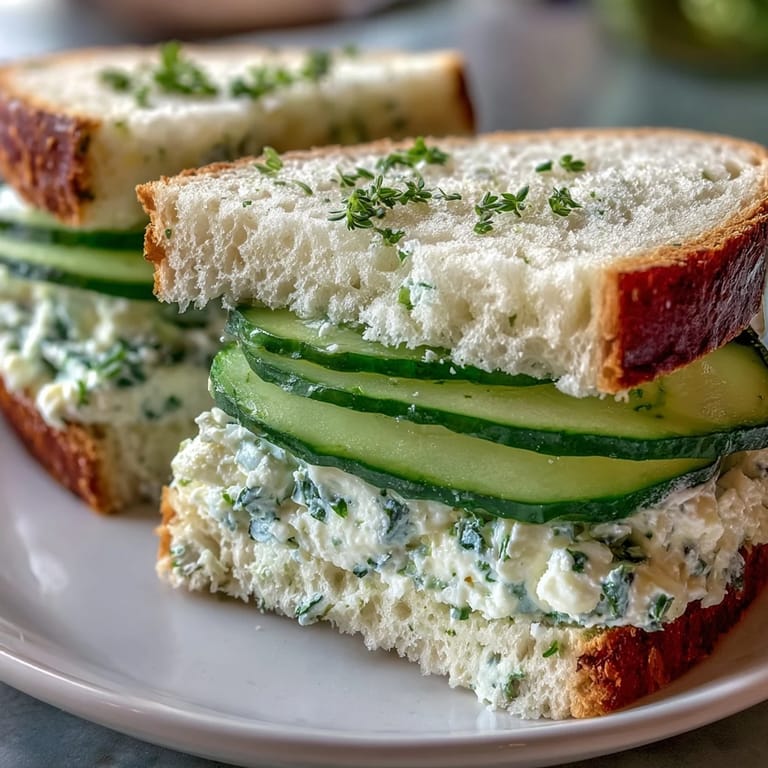 Crisp cucumber slices layered with fresh dill and chive cream cheese on soft white bread, a classic English appetizer.