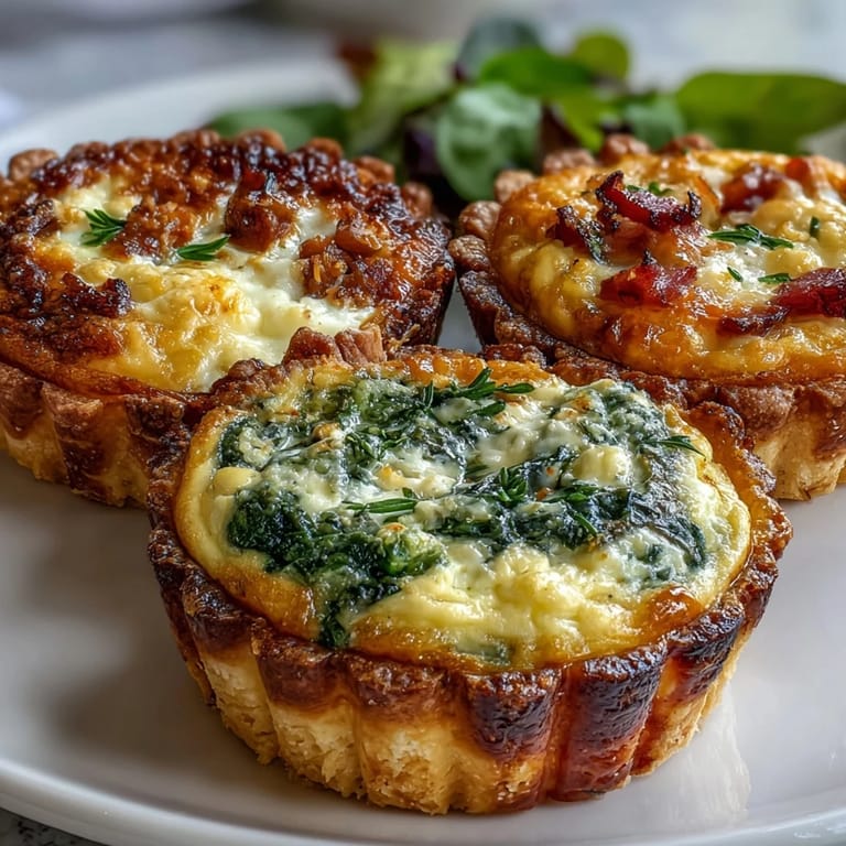 Delightful mini quiche assortment with spinach, mushroom, and ham, ideal for spring gatherings and sophisticated finger foods.