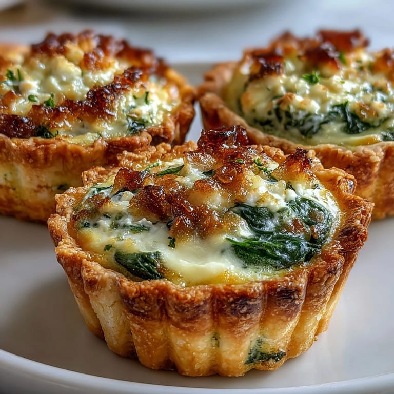 Golden mini quiche trio featuring spinach feta, mushroom Gruyère, and ham Swiss varieties, baked in buttery pastry shells.  