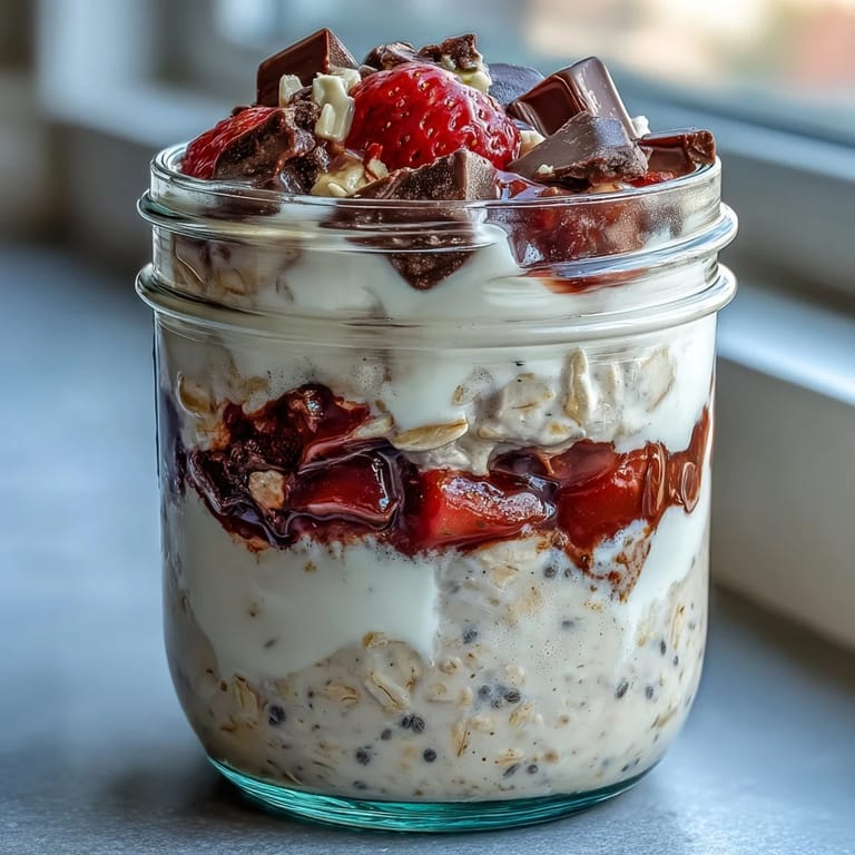 Decadent strawberry chocolate chunk overnight oats dessert jar with vibrant berries, creamy oats, and indulgent chocolate chunks for a make-ahead treat.  