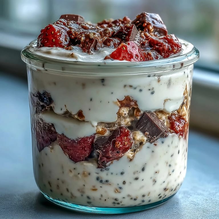 Luscious overnight oats dessert jar featuring juicy strawberries, smooth Greek yogurt oats, and dark chocolate chunks, ideal for breakfast or dessert.