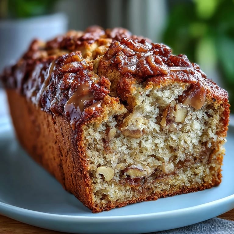 This moist banana bread features tangy sourdough discard, toasted walnuts, and a crisp cinnamon-brown sugar topping baked to golden perfection.