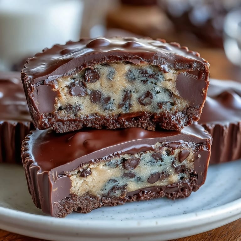 2. Decadent dessert featuring peanut butter cups stuffed with edible chocolate chip cookie dough, perfect for peanut butter and cookie lovers alike.