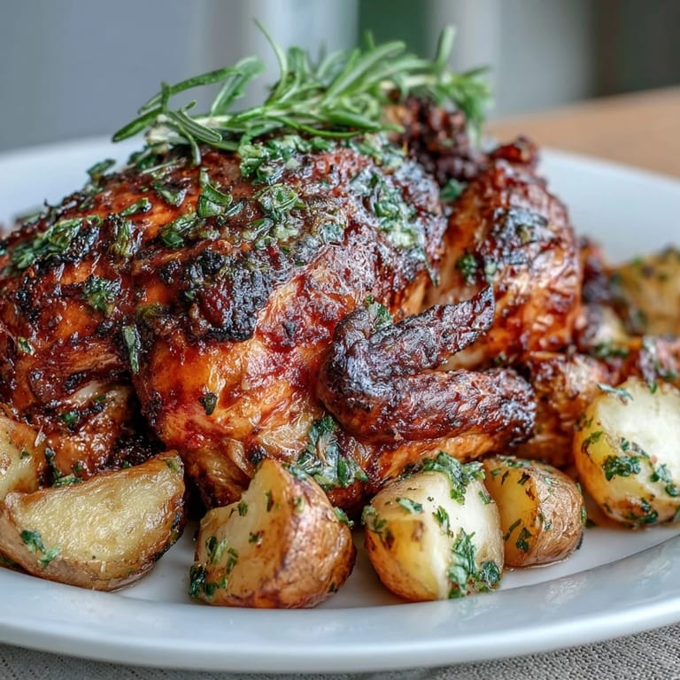 Lemon herb roasted chicken and potatoes, with crispy golden skin and tender vegetables, ready for a family dinner.  