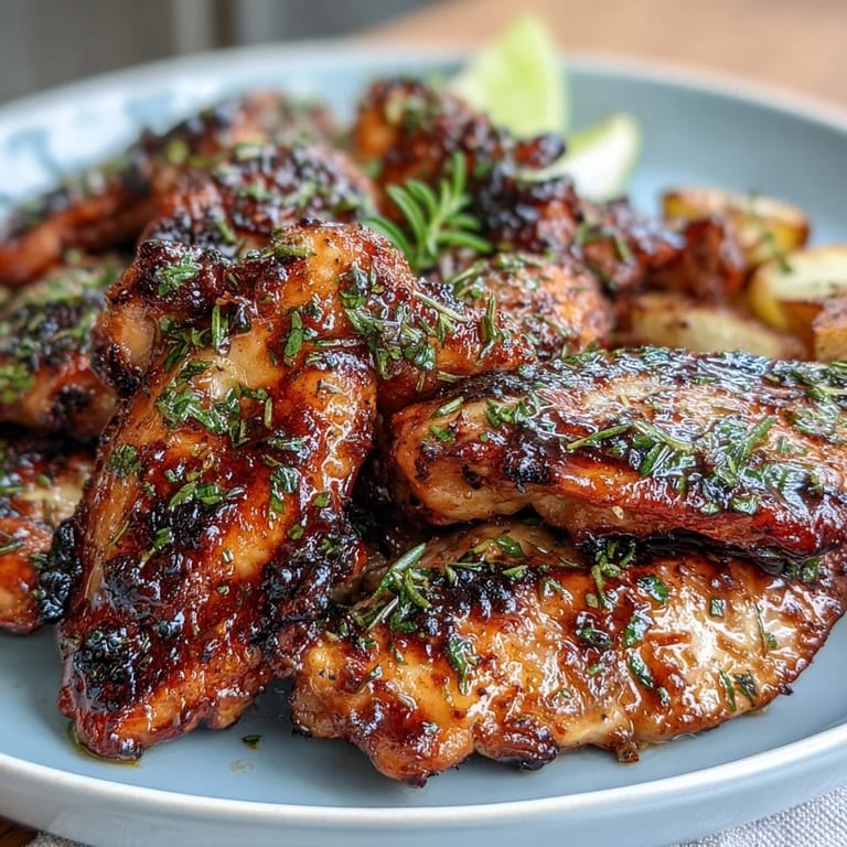 Aromatic lemon herb roasted chicken and potatoes, garnished with parsley and lemon wedges, served hot from the oven.