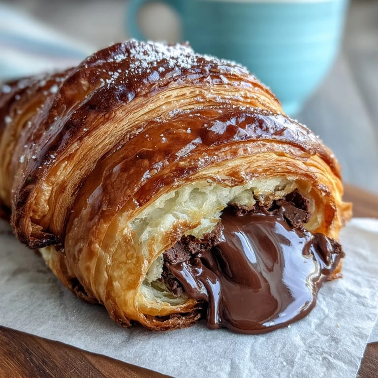 Layered sourdough croissants oozing melted dark chocolate, baked to golden perfection for an indulgent, bakery-style treat.