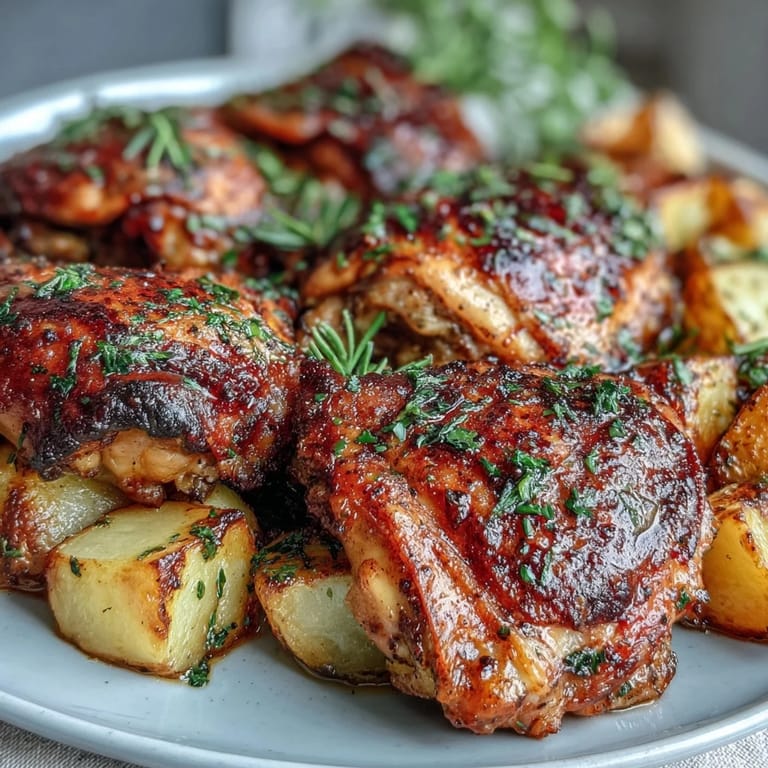 Flavorful sheet pan dinner featuring juicy bone-in chicken thighs and roasted carrots and potatoes, seasoned with garlic, paprika, and thyme for a comforting family meal.