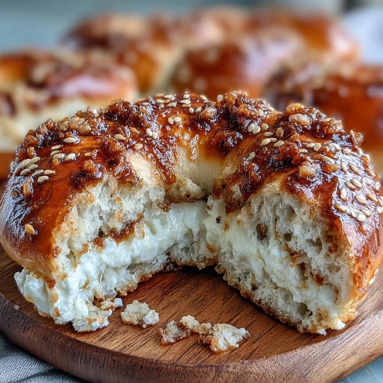 High-protein cottage cheese bagels with a glossy finish, topped with sesame seeds for extra crunch.