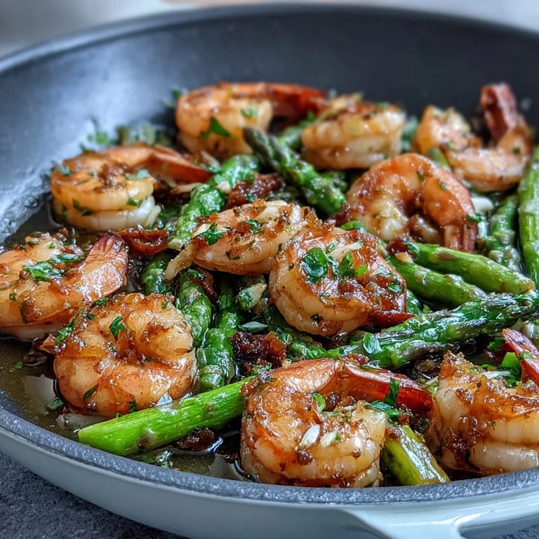 Healthy lemon garlic shrimp and asparagus, a quick, colorful dish with tender shrimp and crisp asparagus in a zesty pan sauce.