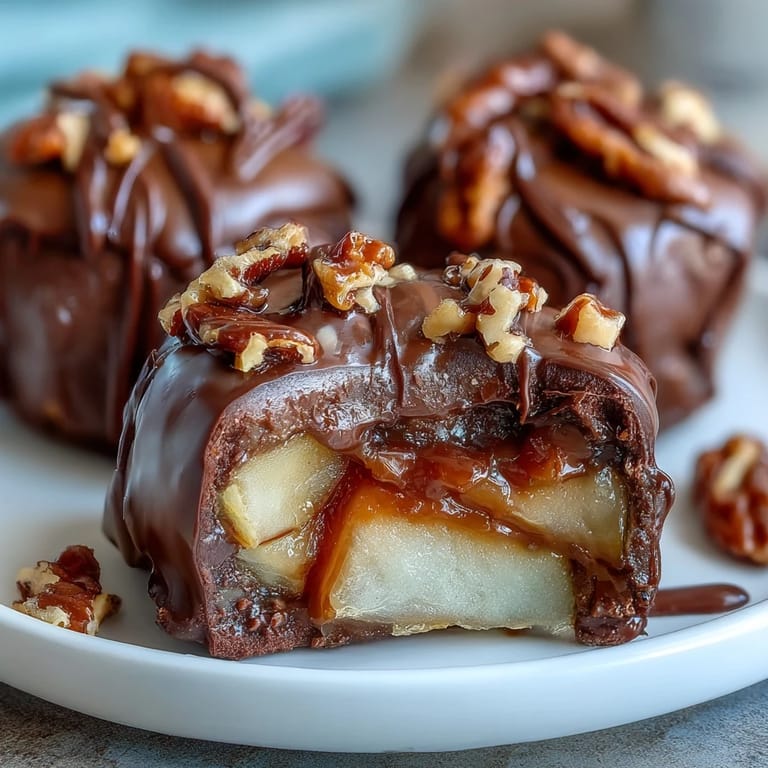 Gourmet candy apple slices featuring tart apples enrobed in buttery caramel and adorned with a decadent dark chocolate drizzle.
